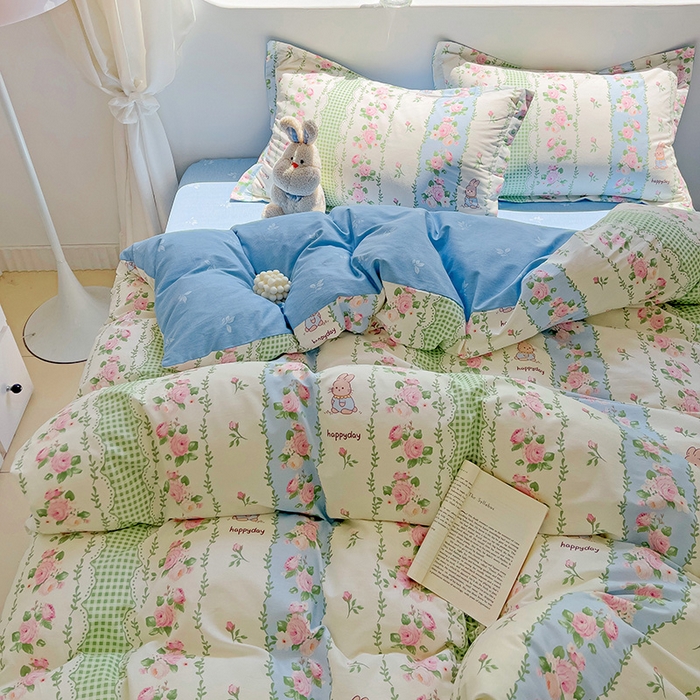 91家纺网 家纺一手货源 找家纺 曲之慕 2026春夏新款全棉纯棉小清新印花系列四件套床单床笠 蔷薇花语