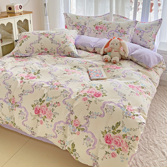 91家纺网 家纺一手货源 找家纺 曲之慕 2026春夏新款全棉纯棉小清新印花系列四件套床单床笠 清欢