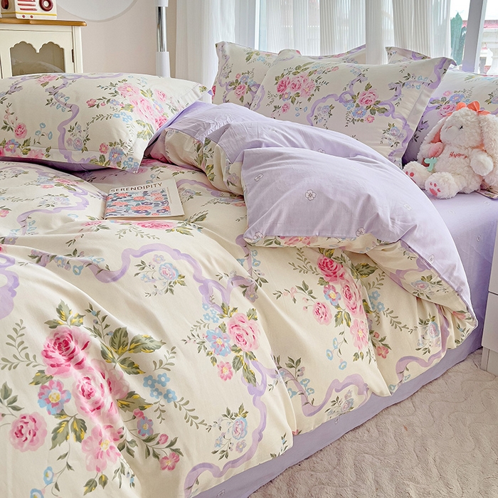 91家纺网 家纺一手货源 找家纺 曲之慕 2026春夏新款全棉纯棉小清新印花系列四件套床单床笠 清欢