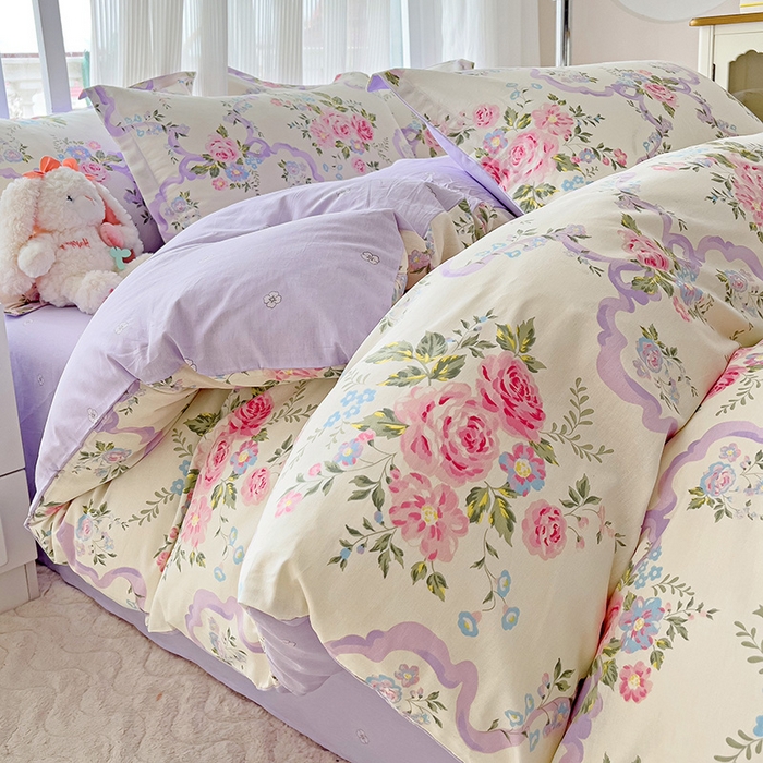 91家纺网 家纺一手货源 找家纺 曲之慕 2026春夏新款全棉纯棉小清新印花系列四件套床单床笠 清欢