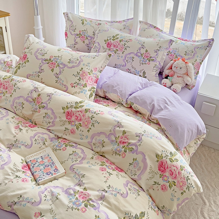 91家纺网 家纺一手货源 找家纺 曲之慕 2026春夏新款全棉纯棉小清新印花系列四件套床单床笠 清欢