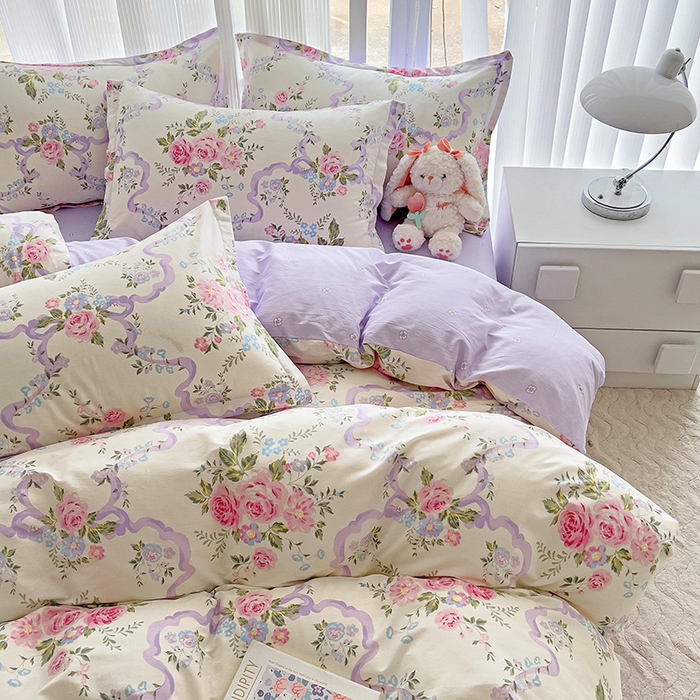 91家纺网 家纺一手货源 找家纺 曲之慕 2026春夏新款全棉纯棉小清新印花系列四件套床单床笠 清欢