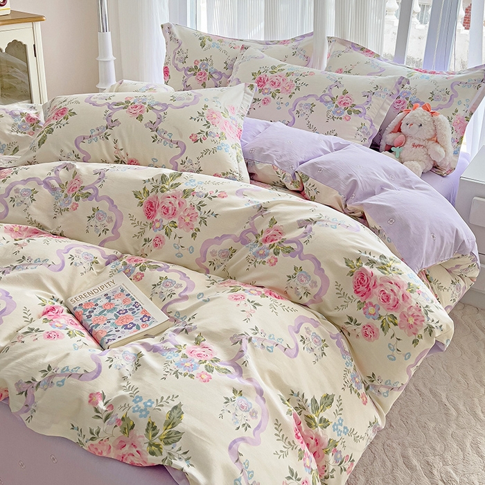 91家纺网 家纺一手货源 找家纺 曲之慕 2026春夏新款全棉纯棉小清新印花系列四件套床单床笠 清欢