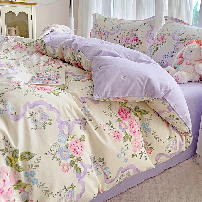 91家纺网 家纺一手货源 找家纺 曲之慕 2026春夏新款全棉纯棉小清新印花系列四件套床单床笠 清欢