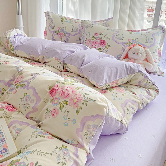 91家纺网 家纺一手货源 找家纺 曲之慕 2026春夏新款全棉纯棉小清新印花系列四件套床单床笠 清欢