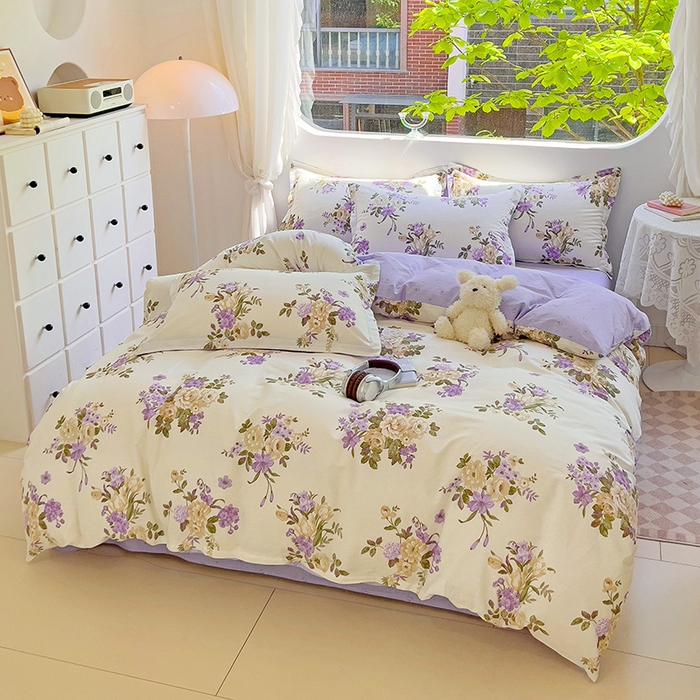 91家纺网 家纺一手货源 找家纺 曲之慕 2026春夏新款全棉纯棉小清新印花系列四件套床单床笠 情迷