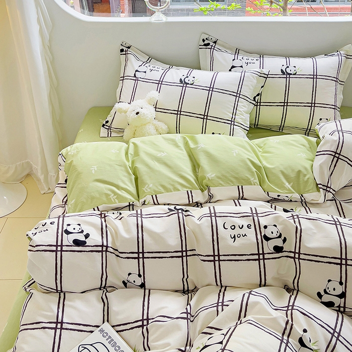 91家纺网 家纺一手货源 找家纺 曲之慕 2026春夏新款全棉纯棉小清新印花系列四件套床单床笠 趣味熊猫