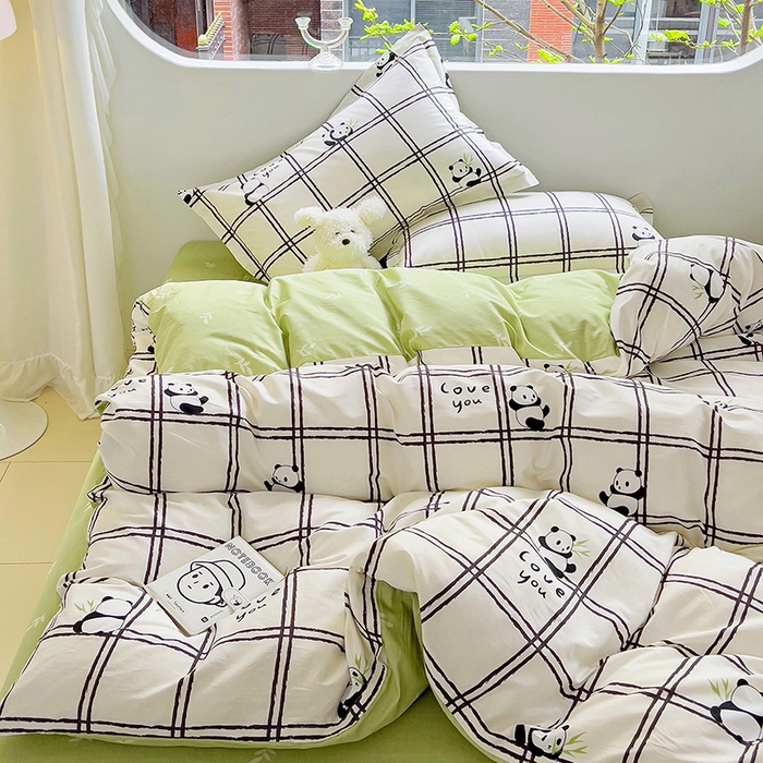 91家纺网 家纺一手货源 找家纺 曲之慕 2026春夏新款全棉纯棉小清新印花系列四件套床单床笠 趣味熊猫