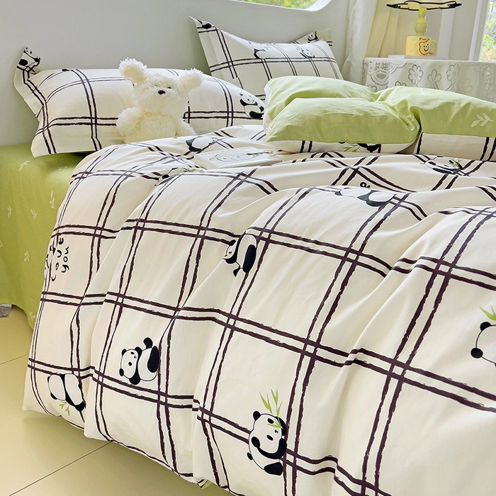 91家纺网 家纺一手货源 找家纺 曲之慕 2026春夏新款全棉纯棉小清新印花系列四件套床单床笠 趣味熊猫