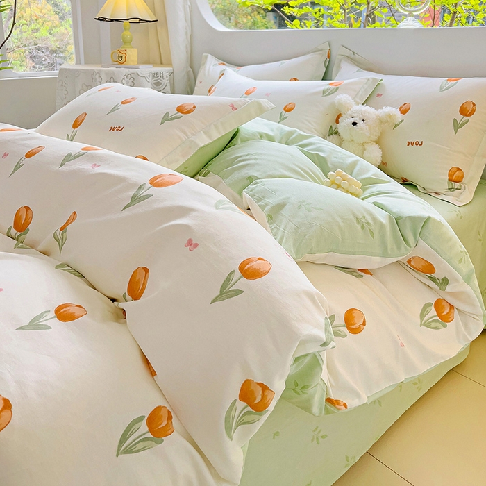 91家纺网 家纺一手货源 找家纺 曲之慕 2026春夏新款全棉纯棉小清新印花系列四件套床单床笠 芮心