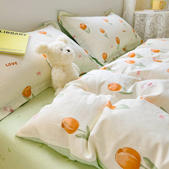 91家纺网 家纺一手货源 找家纺 曲之慕 2026春夏新款全棉纯棉小清新印花系列四件套床单床笠 芮心