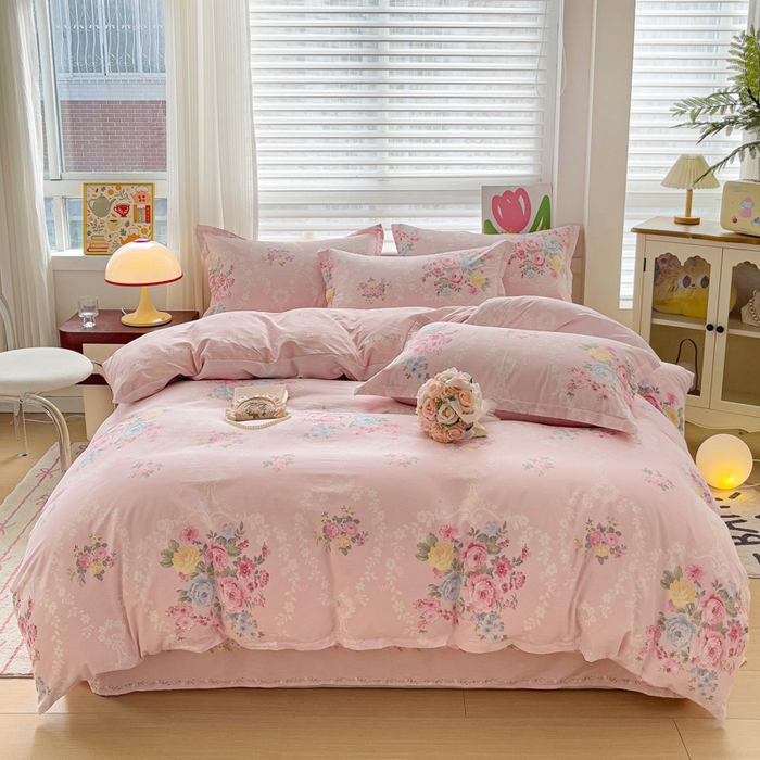 曲之慕 2026春夏新款全棉纯棉小清新印花系列四件套床单床笠 盛夏茶花