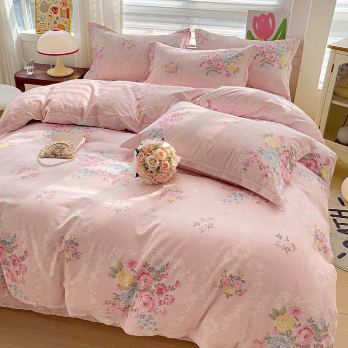 91家纺网 家纺一手货源 找家纺 曲之慕 2026春夏新款全棉纯棉小清新印花系列四件套床单床笠 盛夏茶花