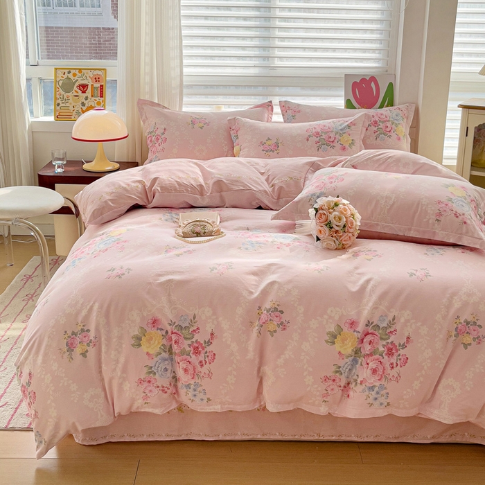 91家纺网 家纺一手货源 找家纺 曲之慕 2026春夏新款全棉纯棉小清新印花系列四件套床单床笠 盛夏茶花