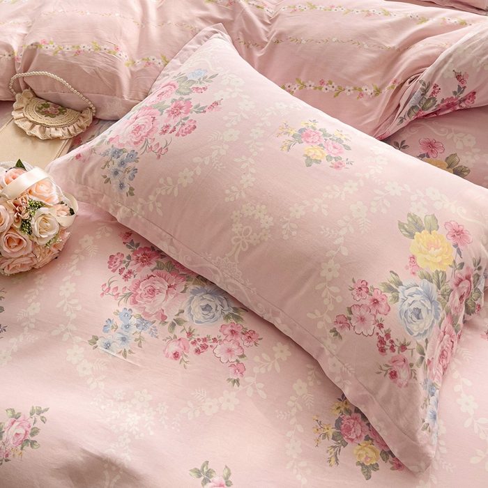 91家纺网 家纺一手货源 找家纺 曲之慕 2026春夏新款全棉纯棉小清新印花系列四件套床单床笠 盛夏茶花