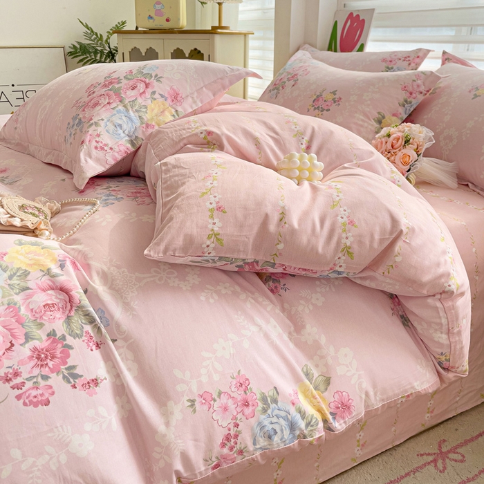 91家纺网 家纺一手货源 找家纺 曲之慕 2026春夏新款全棉纯棉小清新印花系列四件套床单床笠 盛夏茶花