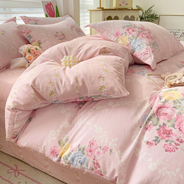 91家纺网 家纺一手货源 找家纺 曲之慕 2026春夏新款全棉纯棉小清新印花系列四件套床单床笠 盛夏茶花