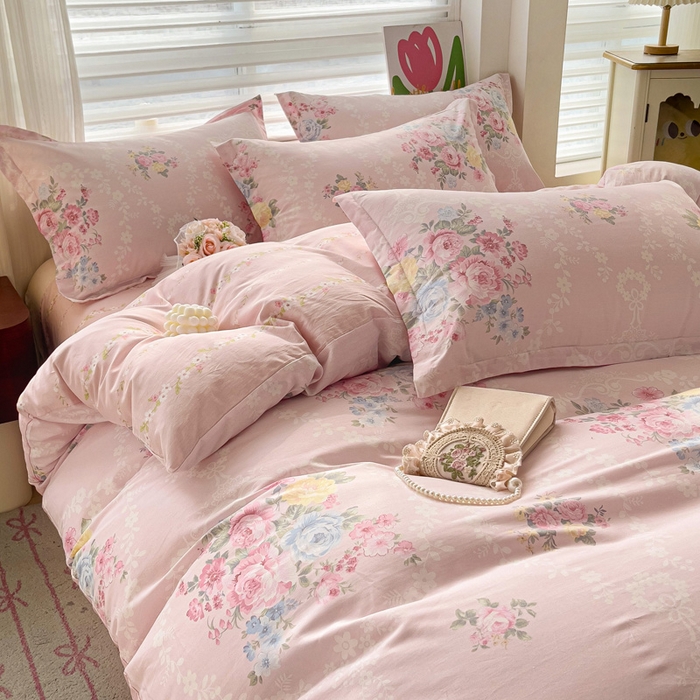 91家纺网 家纺一手货源 找家纺 曲之慕 2026春夏新款全棉纯棉小清新印花系列四件套床单床笠 盛夏茶花