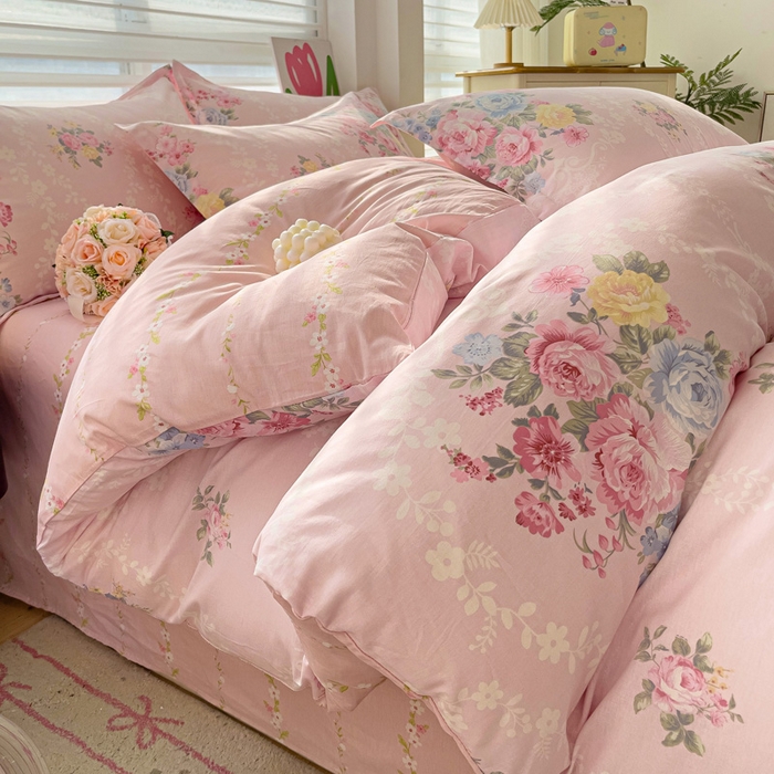 91家纺网 家纺一手货源 找家纺 曲之慕 2026春夏新款全棉纯棉小清新印花系列四件套床单床笠 盛夏茶花