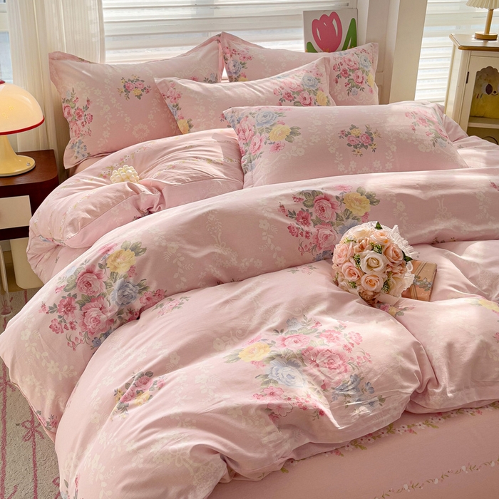 91家纺网 家纺一手货源 找家纺 曲之慕 2026春夏新款全棉纯棉小清新印花系列四件套床单床笠 盛夏茶花