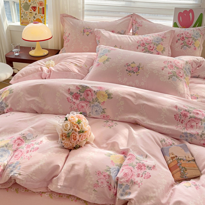 91家纺网 家纺一手货源 找家纺 曲之慕 2026春夏新款全棉纯棉小清新印花系列四件套床单床笠 盛夏茶花