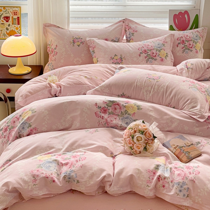 91家纺网 家纺一手货源 找家纺 曲之慕 2026春夏新款全棉纯棉小清新印花系列四件套床单床笠 盛夏茶花