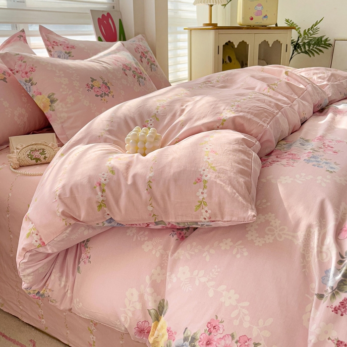 91家纺网 家纺一手货源 找家纺 曲之慕 2026春夏新款全棉纯棉小清新印花系列四件套床单床笠 盛夏茶花