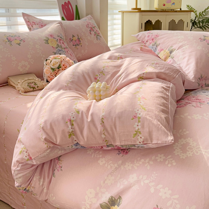 91家纺网 家纺一手货源 找家纺 曲之慕 2026春夏新款全棉纯棉小清新印花系列四件套床单床笠 盛夏茶花