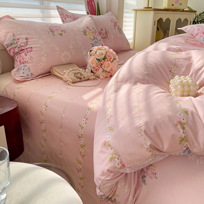 91家纺网 家纺一手货源 找家纺 曲之慕 2026春夏新款全棉纯棉小清新印花系列四件套床单床笠 盛夏茶花