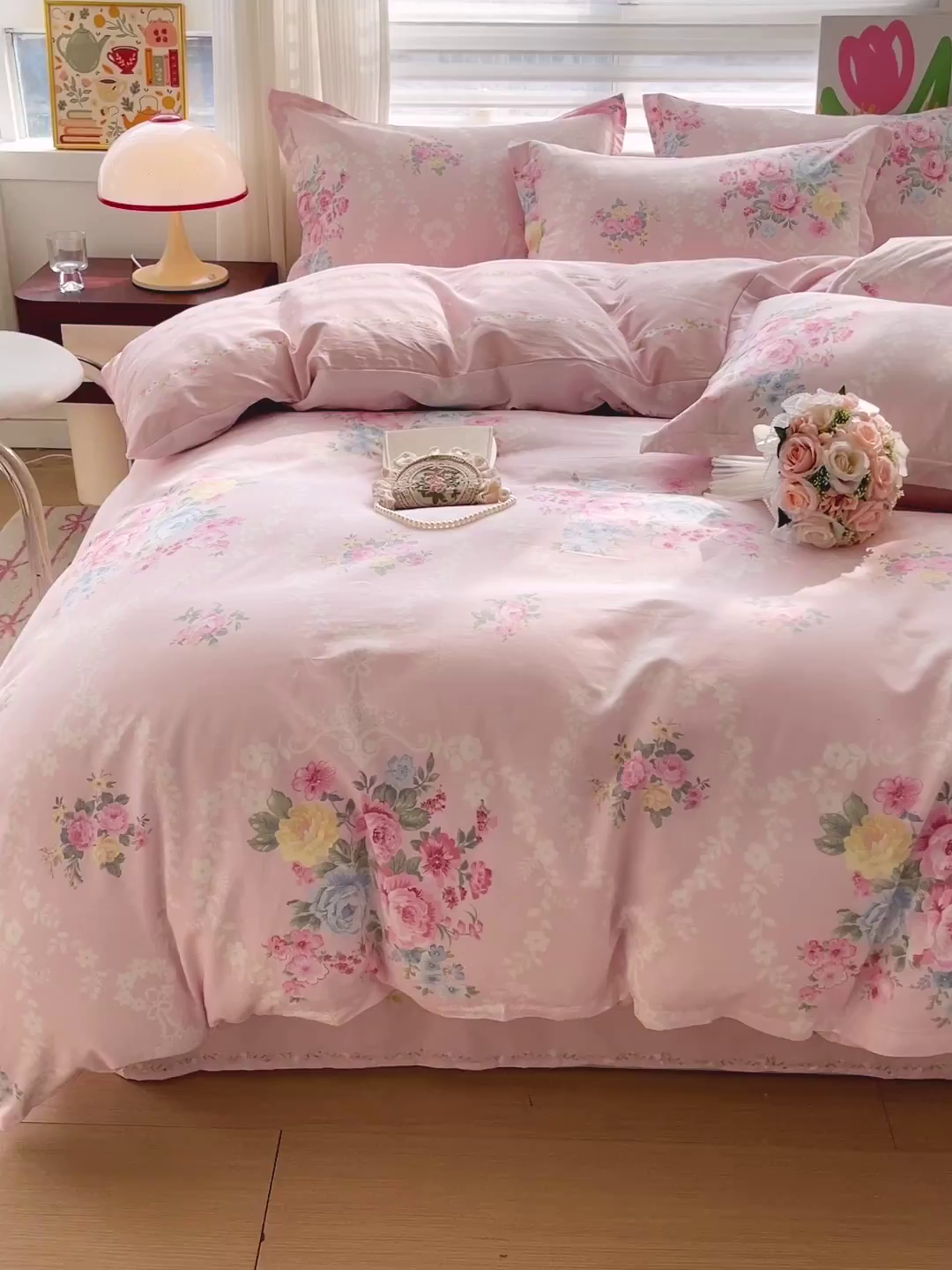 91家纺网 家纺一手货源 找家纺 曲之慕 2026春夏新款全棉纯棉小清新印花系列四件套床单床笠 盛夏茶花