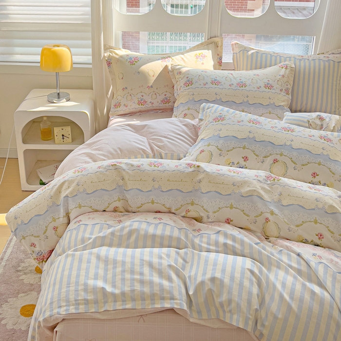 91家纺网 家纺一手货源 找家纺 曲之慕 2026春夏新款全棉纯棉小清新印花系列四件套床单床笠 时光漫旅