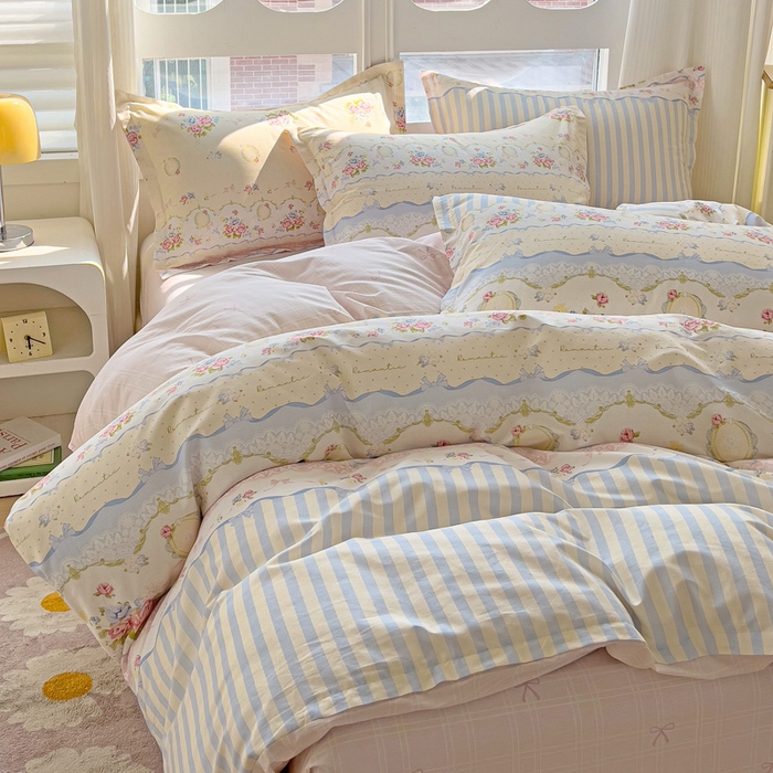 91家纺网 家纺一手货源 找家纺 曲之慕 2026春夏新款全棉纯棉小清新印花系列四件套床单床笠 时光漫旅