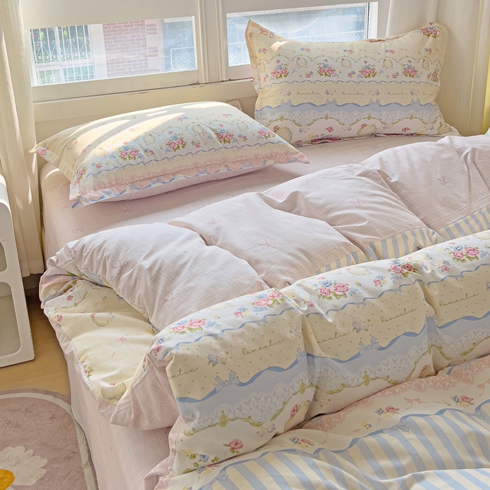 91家纺网 家纺一手货源 找家纺 曲之慕 2026春夏新款全棉纯棉小清新印花系列四件套床单床笠 时光漫旅