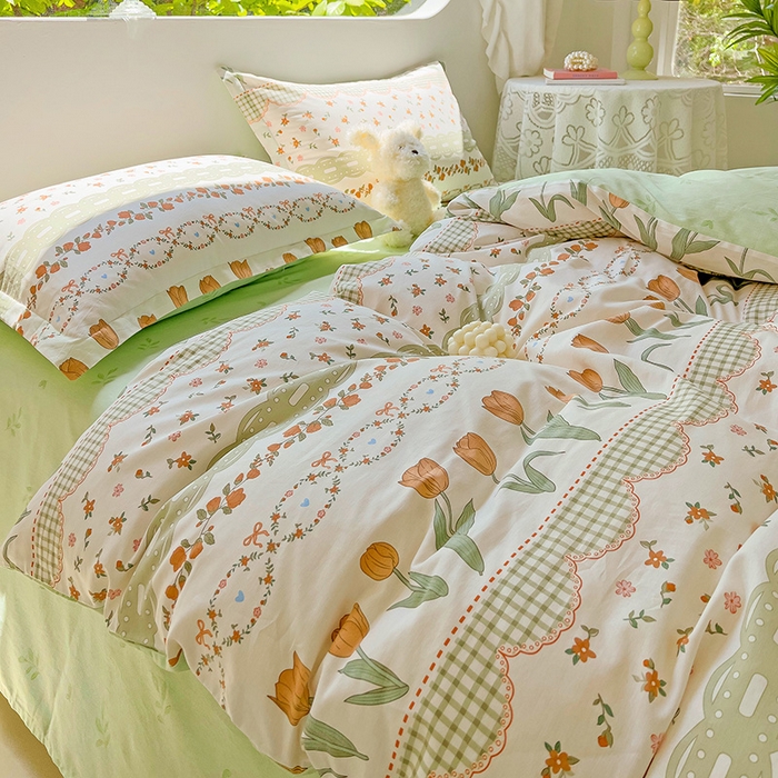 91家纺网 家纺一手货源 找家纺 曲之慕 2026春夏新款全棉纯棉小清新印花系列四件套床单床笠 甜香花