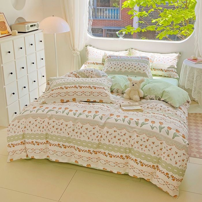 91家纺网 家纺一手货源 找家纺 曲之慕 2026春夏新款全棉纯棉小清新印花系列四件套床单床笠 甜香花