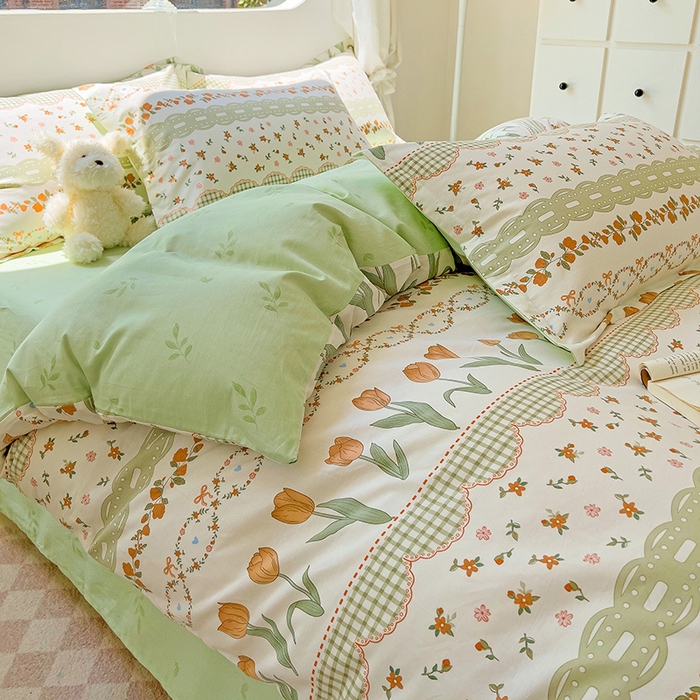 91家纺网 家纺一手货源 找家纺 曲之慕 2026春夏新款全棉纯棉小清新印花系列四件套床单床笠 甜香花