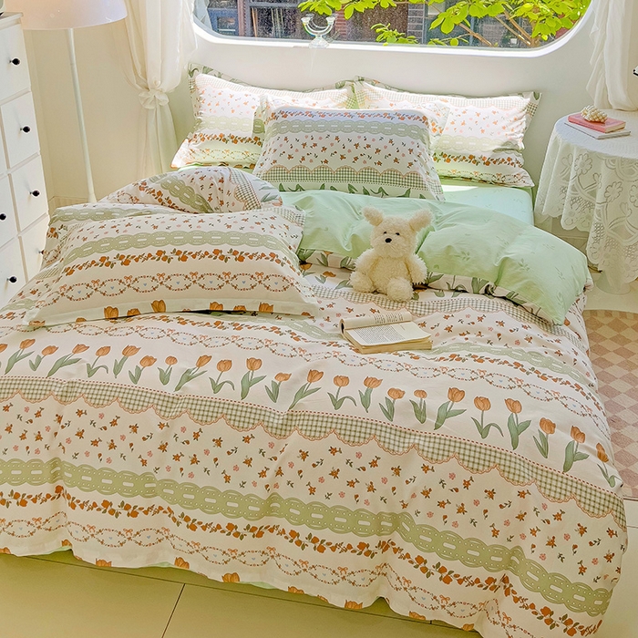 91家纺网 家纺一手货源 找家纺 曲之慕 2026春夏新款全棉纯棉小清新印花系列四件套床单床笠 甜香花