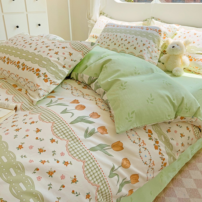 91家纺网 家纺一手货源 找家纺 曲之慕 2026春夏新款全棉纯棉小清新印花系列四件套床单床笠 甜香花