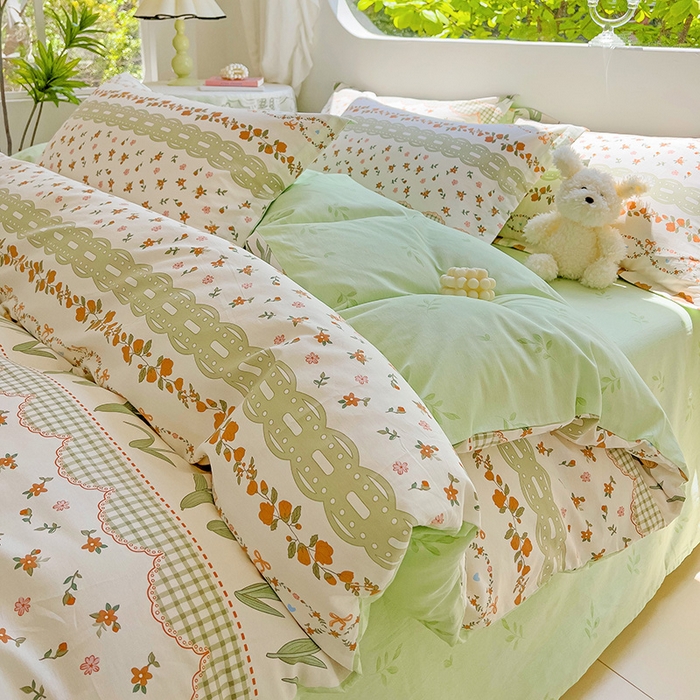 91家纺网 家纺一手货源 找家纺 曲之慕 2026春夏新款全棉纯棉小清新印花系列四件套床单床笠 甜香花