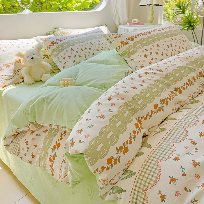 91家纺网 家纺一手货源 找家纺 曲之慕 2026春夏新款全棉纯棉小清新印花系列四件套床单床笠 甜香花