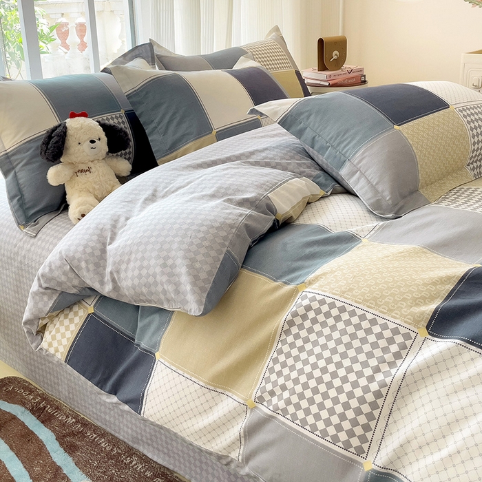 91家纺网 家纺一手货源 找家纺 曲之慕 2026春夏新款全棉纯棉小清新印花系列四件套床单床笠 小方阵