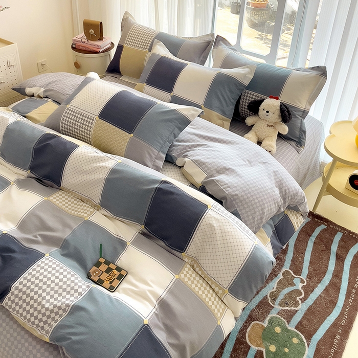 91家纺网 家纺一手货源 找家纺 曲之慕 2026春夏新款全棉纯棉小清新印花系列四件套床单床笠 小方阵