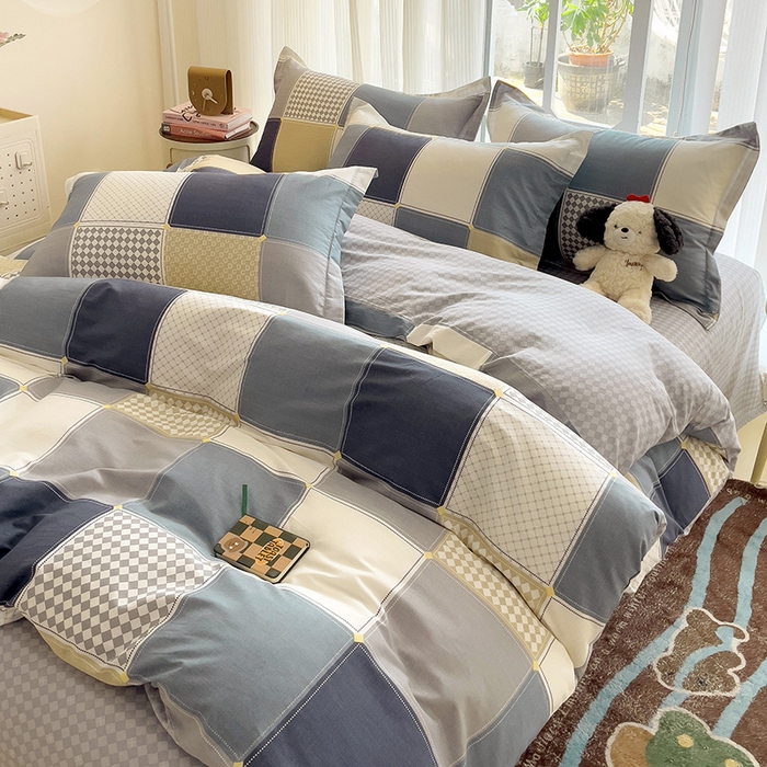 91家纺网 家纺一手货源 找家纺 曲之慕 2026春夏新款全棉纯棉小清新印花系列四件套床单床笠 小方阵