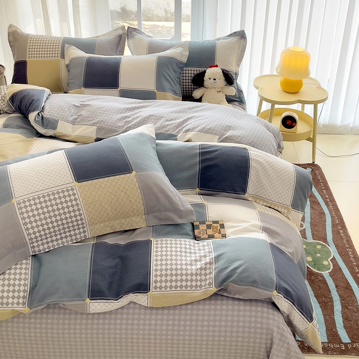 91家纺网 家纺一手货源 找家纺 曲之慕 2026春夏新款全棉纯棉小清新印花系列四件套床单床笠 小方阵