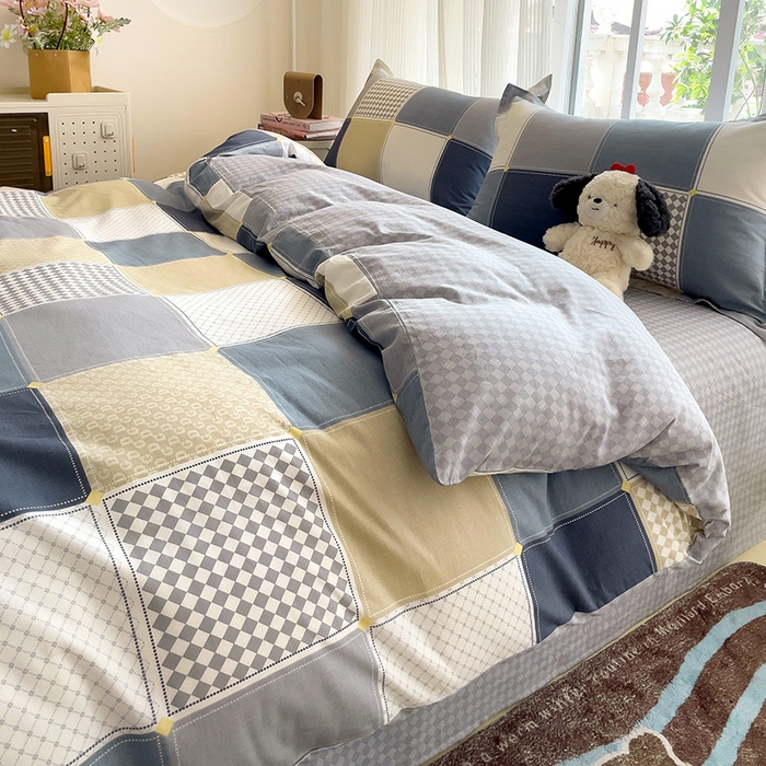 91家纺网 家纺一手货源 找家纺 曲之慕 2026春夏新款全棉纯棉小清新印花系列四件套床单床笠 小方阵