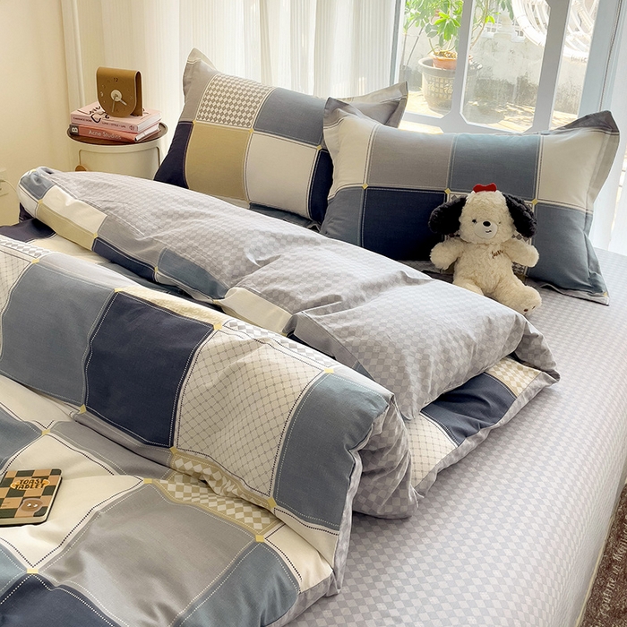 91家纺网 家纺一手货源 找家纺 曲之慕 2026春夏新款全棉纯棉小清新印花系列四件套床单床笠 小方阵