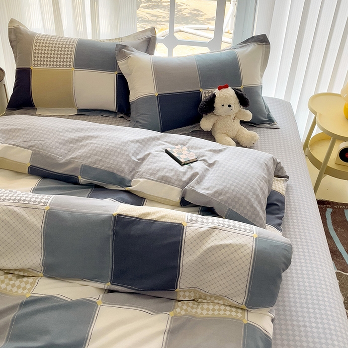 91家纺网 家纺一手货源 找家纺 曲之慕 2026春夏新款全棉纯棉小清新印花系列四件套床单床笠 小方阵