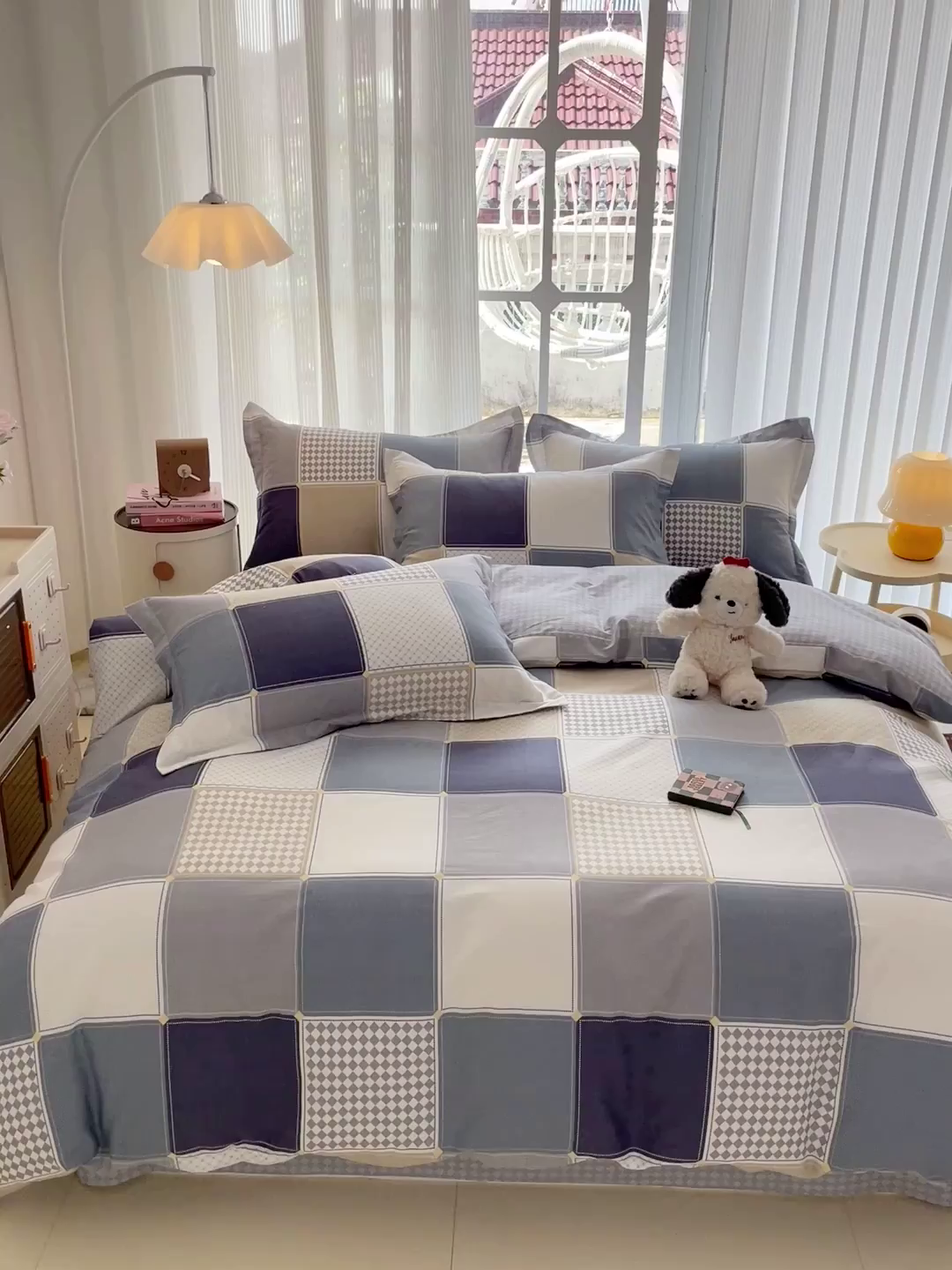 91家纺网 家纺一手货源 找家纺 曲之慕 2026春夏新款全棉纯棉小清新印花系列四件套床单床笠 小方阵