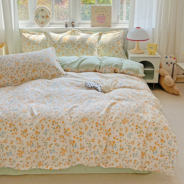 91家纺网 家纺一手货源 找家纺 曲之慕 2026春夏新款全棉纯棉小清新印花系列四件套床单床笠 寻花季