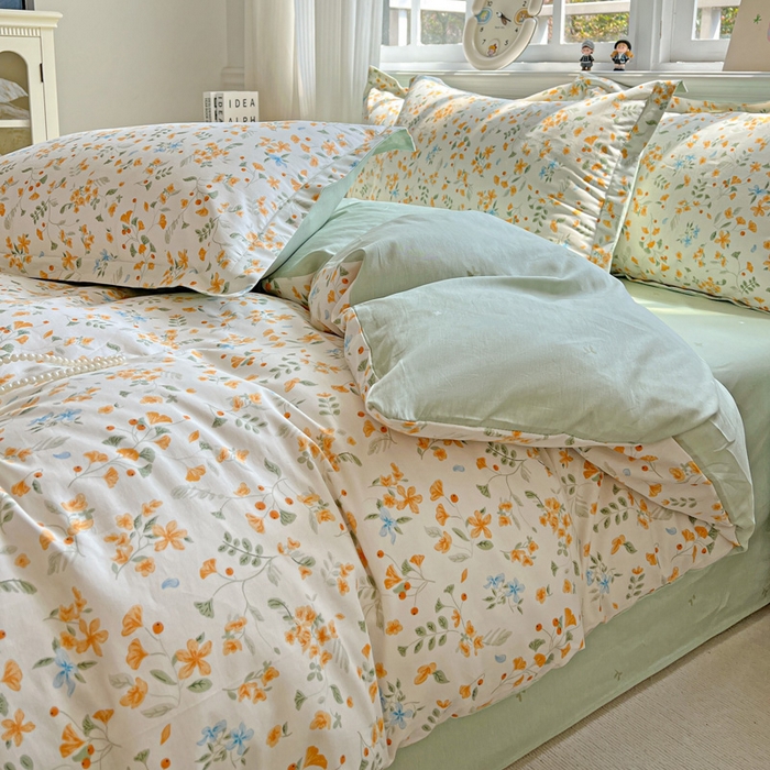 91家纺网 家纺一手货源 找家纺 曲之慕 2026春夏新款全棉纯棉小清新印花系列四件套床单床笠 寻花季